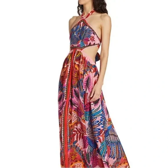 knee length dresses for ladies Red Summer Foliage Scarf Maxi Dress – FARM Rio main image 0